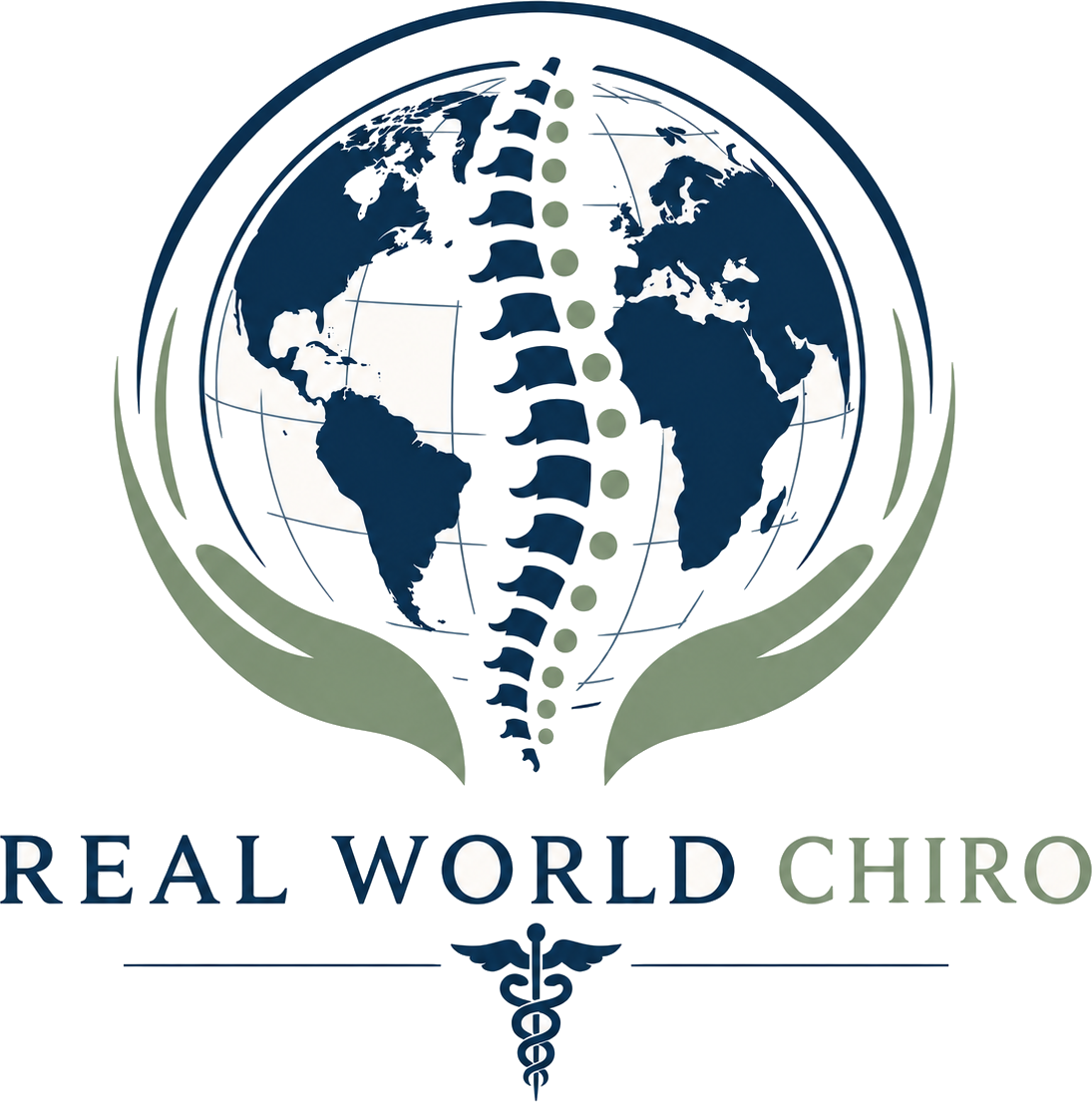 Real World Chiro — globe with spine, chiropractic care